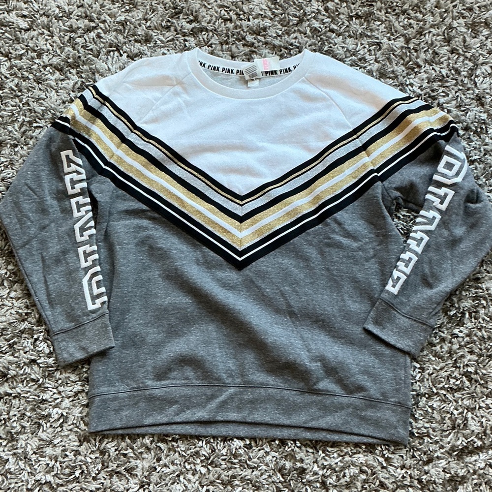 PINK Victoria's Secret Gray and White Crewneck Sweater with Gold Stripes
